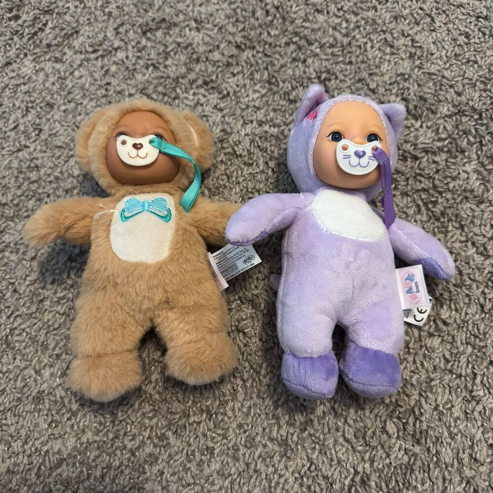 Baby Born Cozy Cuties 7" Plush Bear Baby Doll with Attached Pacifier LOT of 2